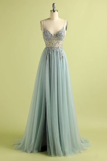 Tulle Light Blue Long Formal Dress with Beading