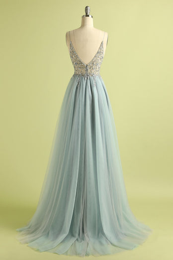 Tulle Light Blue Long Formal Dress with Beading