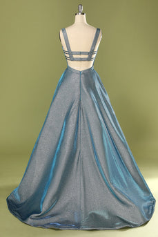 Glitter Blue Open Back Long Formal Dress