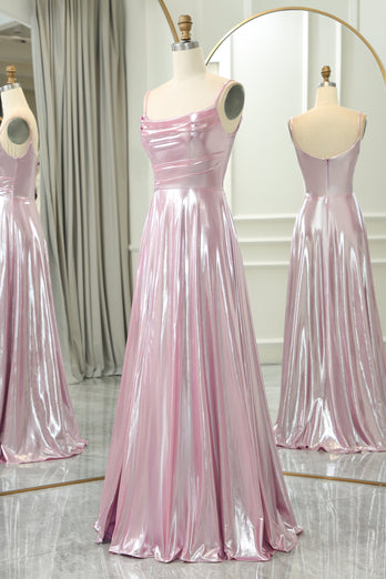 Sparkly Pink A Line Spaghetti Straps Long Formal Dress With Slit