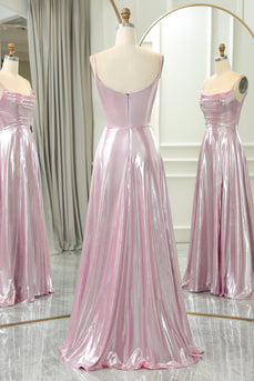 Sparkly Pink A Line Spaghetti Straps Long Formal Dress With Slit