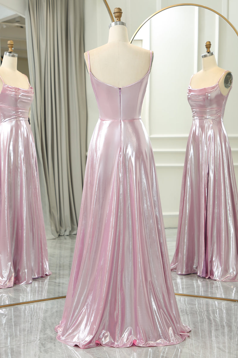 Load image into Gallery viewer, Sparkly Pink A Line Spaghetti Straps Long Formal Dress With Slit