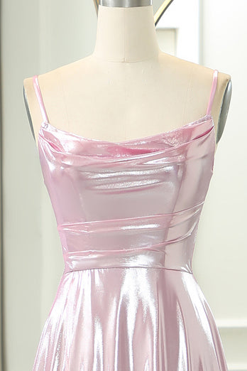 Sparkly Pink A Line Spaghetti Straps Long Formal Dress With Slit