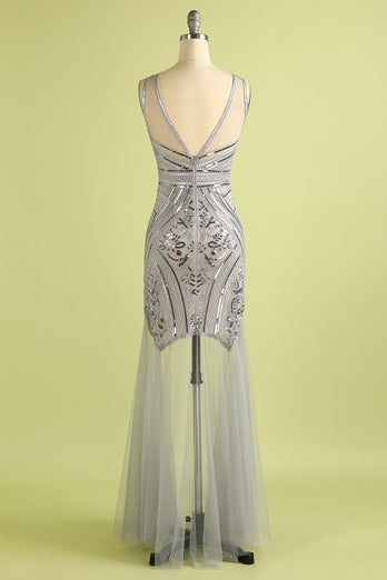 Silver Long Tulle Sequin 1920s Dress