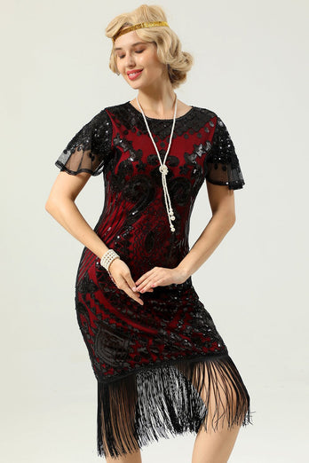 1920 Black&Red Sequins Dress with Batwing Sleeves