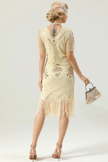 Apricot Beaded Sequin 1920s Dress with Sleeves