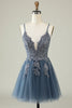 Load image into Gallery viewer, A Line Spaghetti Straps Grey Blue Short Formal Dress with Appliques