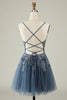 Load image into Gallery viewer, A Line Spaghetti Straps Grey Blue Short Formal Dress with Appliques