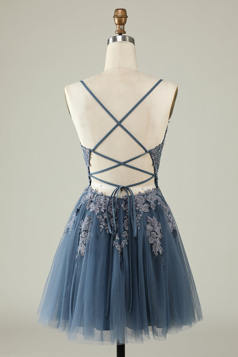 Load image into Gallery viewer, A Line Spaghetti Straps Grey Blue Short Formal Dress with Appliques