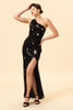 Load image into Gallery viewer, Sparkly Sheath One Shoulder Black Sequins Long Formal Dress with Star