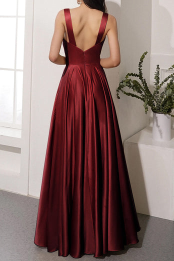 Golden Satin V-Neck Long Formal Dress with Slit