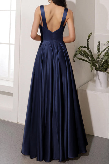 Golden Satin V-Neck Long Formal Dress with Slit