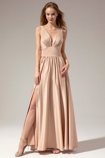 Golden Satin V-Neck Long Formal Dress with Slit