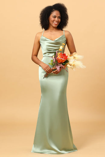 Sage Mermaid Cowl Neckline Long Satin Bridesmaid Dress