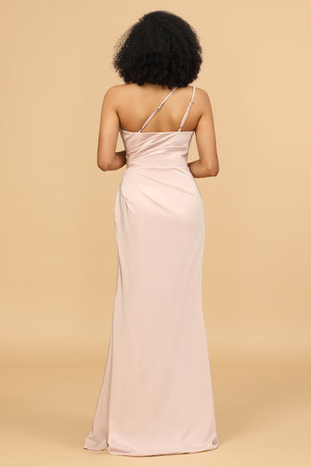 Blush Satin Mermaid One Shoulder Long Bridesmaid Dress with Slit