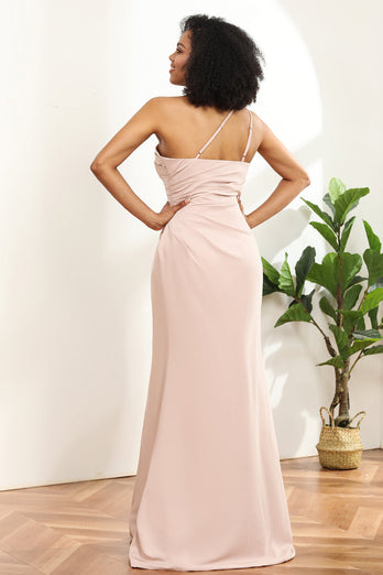 Blush Satin Mermaid One Shoulder Long Bridesmaid Dress with Slit