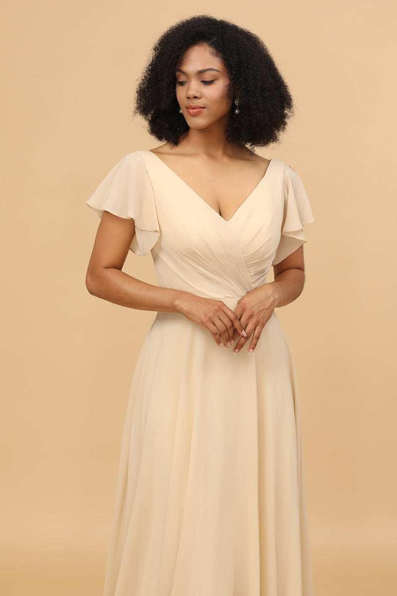 Load image into Gallery viewer, Champagne Cap Sleeves Long Chiffon Bridesmaid Dress