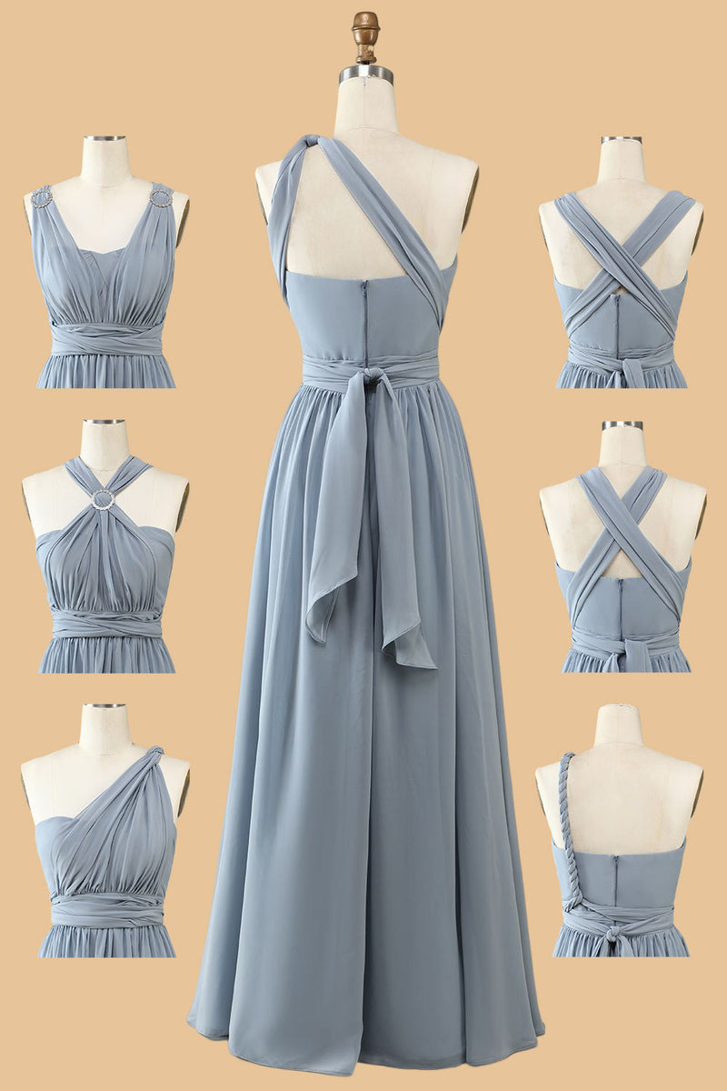 Load image into Gallery viewer, A Line One Shoulder V Neck Halter Neck Floor Length Grey Blue Bridesmaid Dress