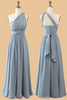 Load image into Gallery viewer, A Line One Shoulder V Neck Halter Neck Floor Length Grey Blue Bridesmaid Dress