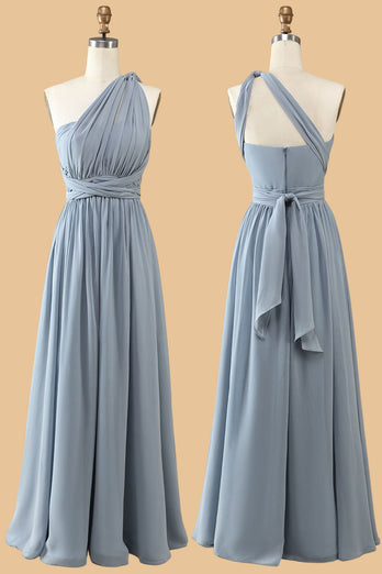 A Line One Shoulder V Neck Halter Neck Floor Length Grey Blue Bridesmaid Dress