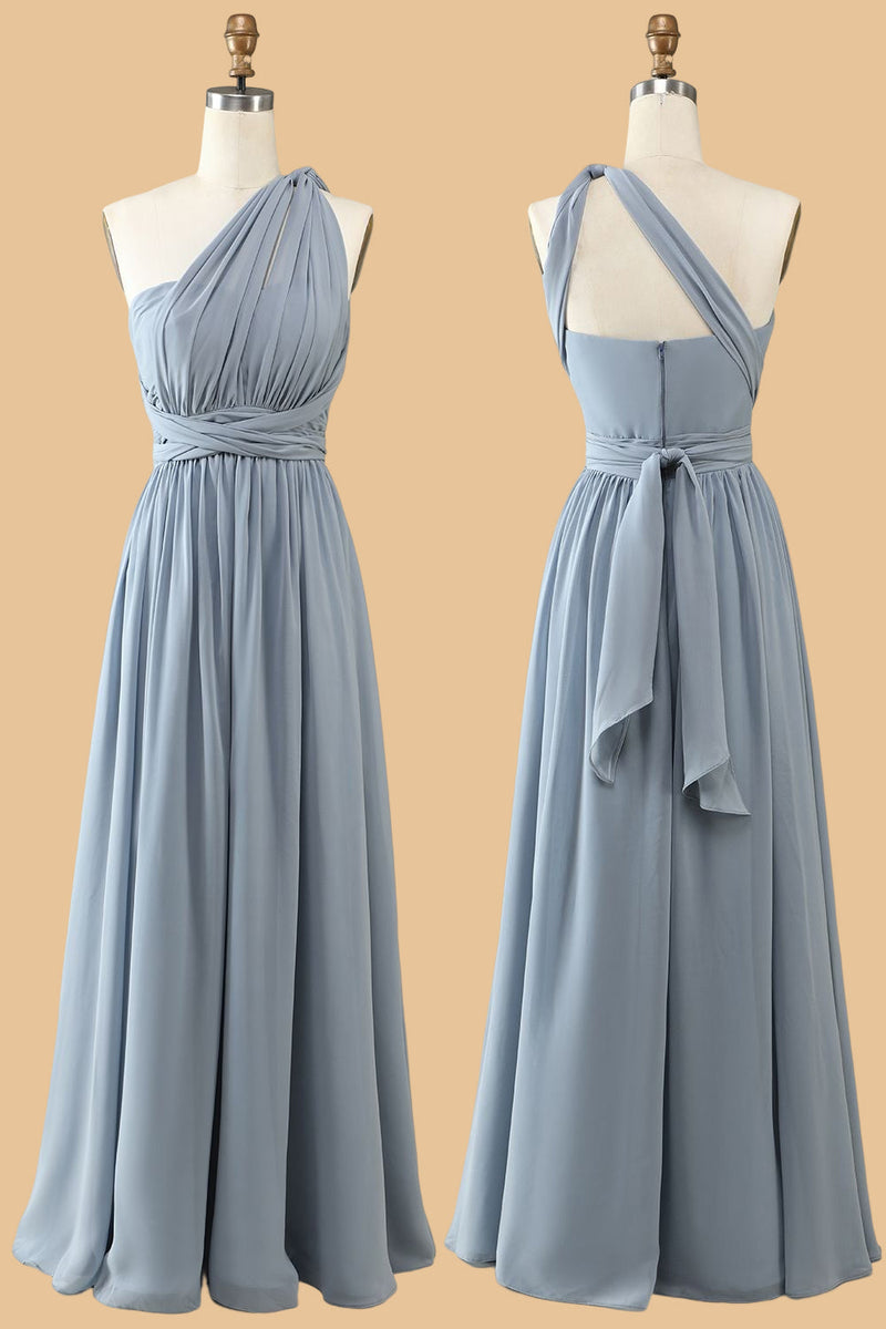 Load image into Gallery viewer, A Line One Shoulder V Neck Halter Neck Floor Length Grey Blue Bridesmaid Dress