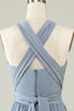 Load image into Gallery viewer, A Line One Shoulder V Neck Halter Neck Floor Length Grey Blue Bridesmaid Dress