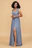 Load image into Gallery viewer, Grey Blue Spaghetti Straps Long Chiffon Bridesmaid Dress with Slit