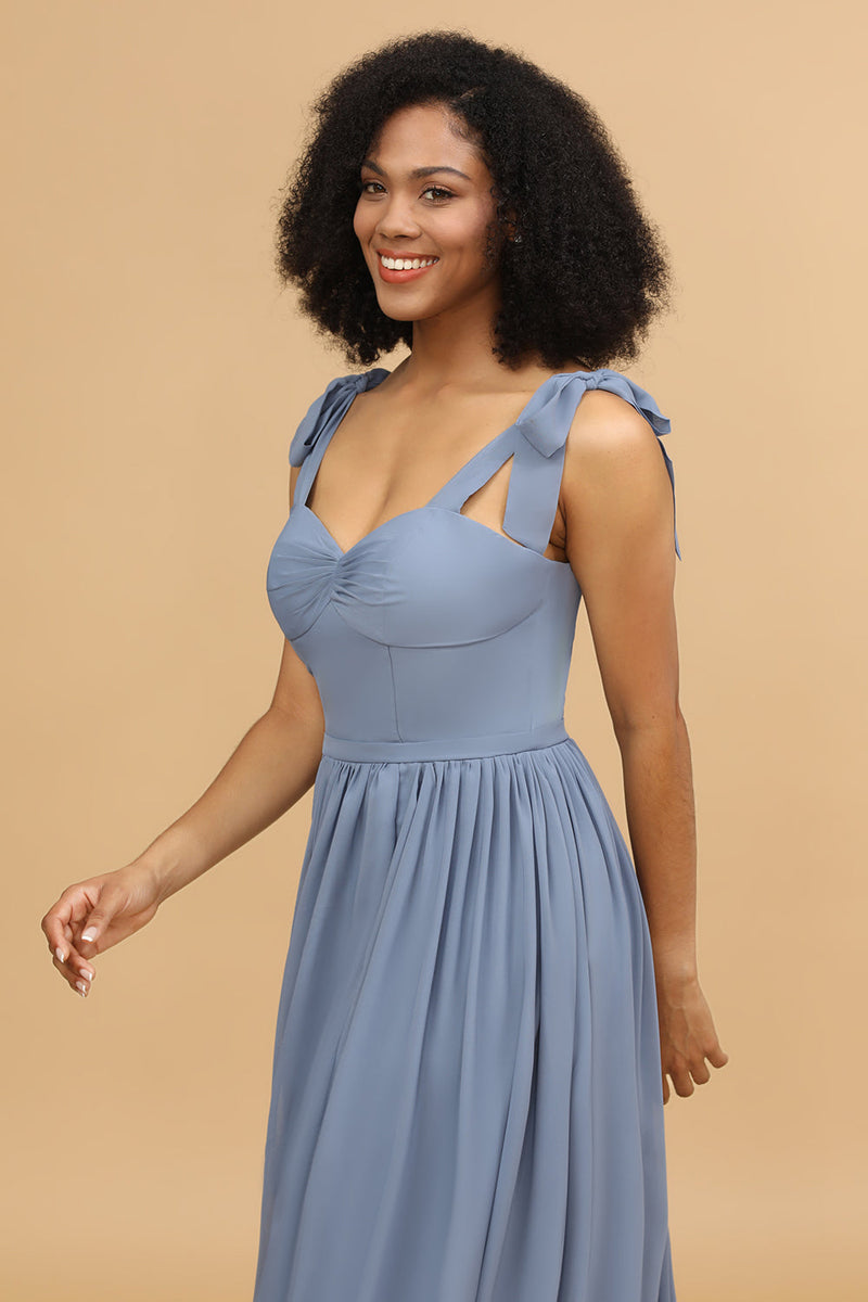 Load image into Gallery viewer, Grey Blue Spaghetti Straps Long Chiffon Bridesmaid Dress with Slit