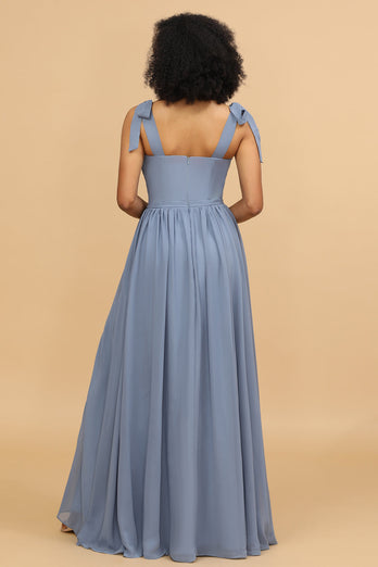 Grey Blue Spaghetti Straps Long Chiffon Bridesmaid Dress with Slit