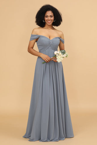 Grey Blue A Line Off the Shoulder Long Chiffon Bridesmaid Dress