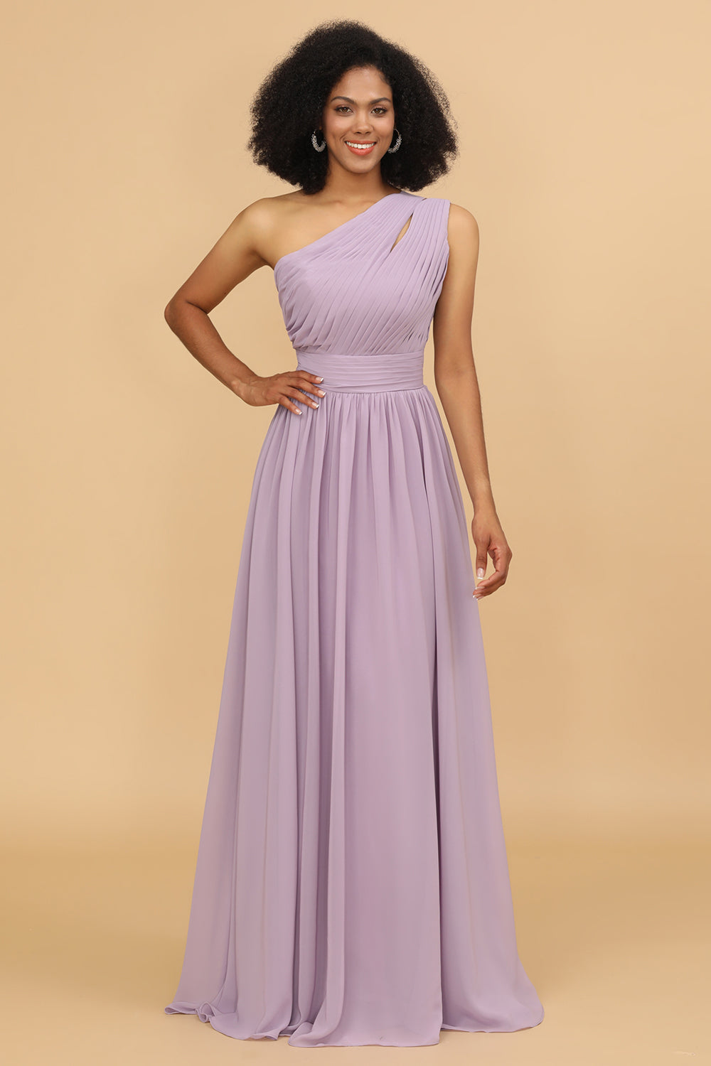 Lilac A Line One Shoulder Long Chiffon Bridesmaids Dress with Ruffles