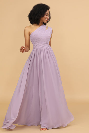 Lilac A Line One Shoulder Long Chiffon Bridesmaids Dress with Ruffles