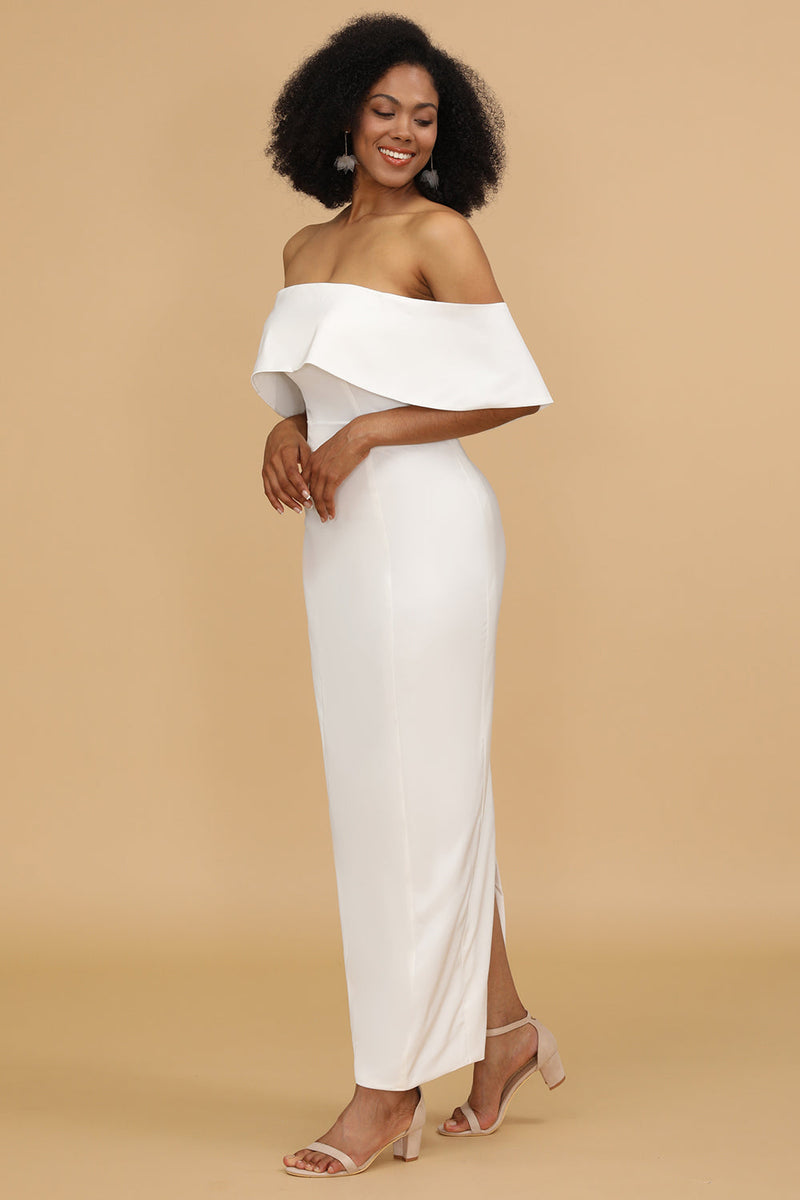 Load image into Gallery viewer, White Off the Shoulder Satin Bridesmaid Dress