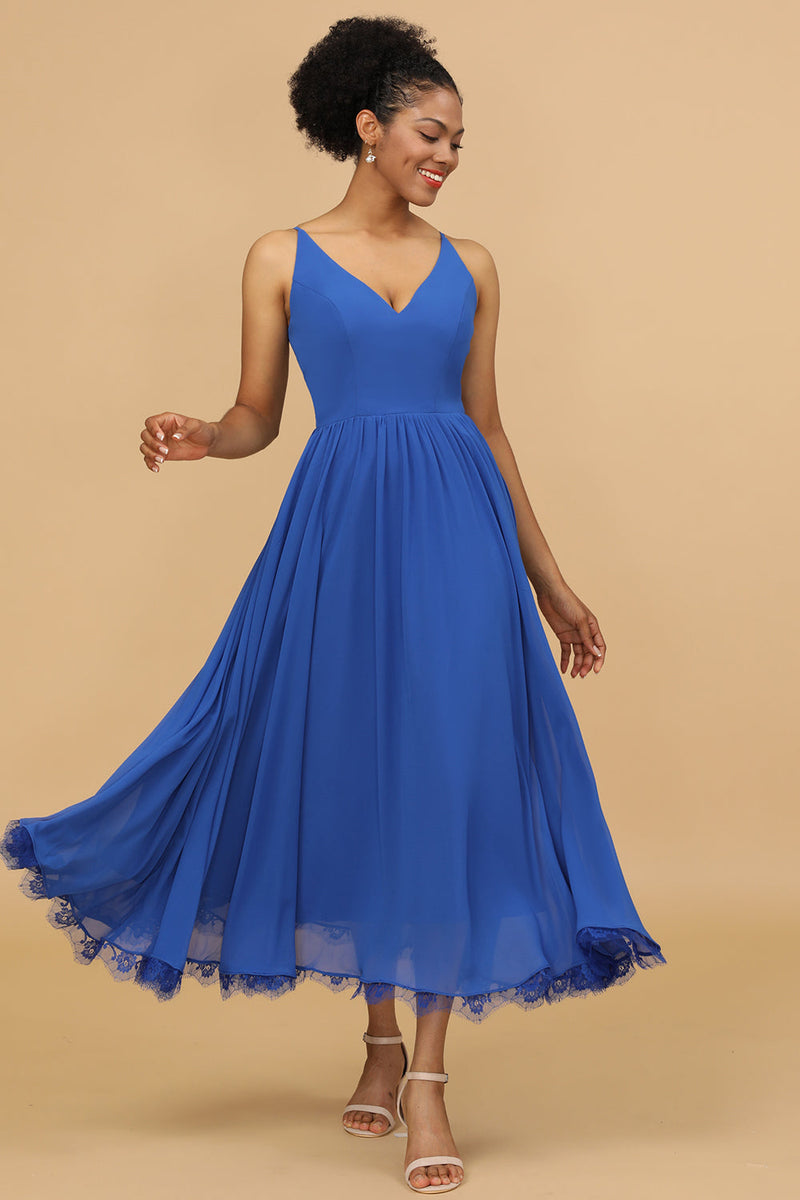 Load image into Gallery viewer, Royal Blue A Line Spaghetti Straps Long Chiffon Bridesmaid Dress with Ruffles