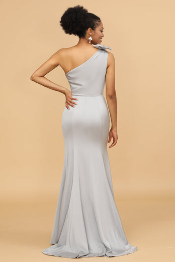 Grey Satin One Shoulder Mermaid Bridesmaid Dress With Bowknot