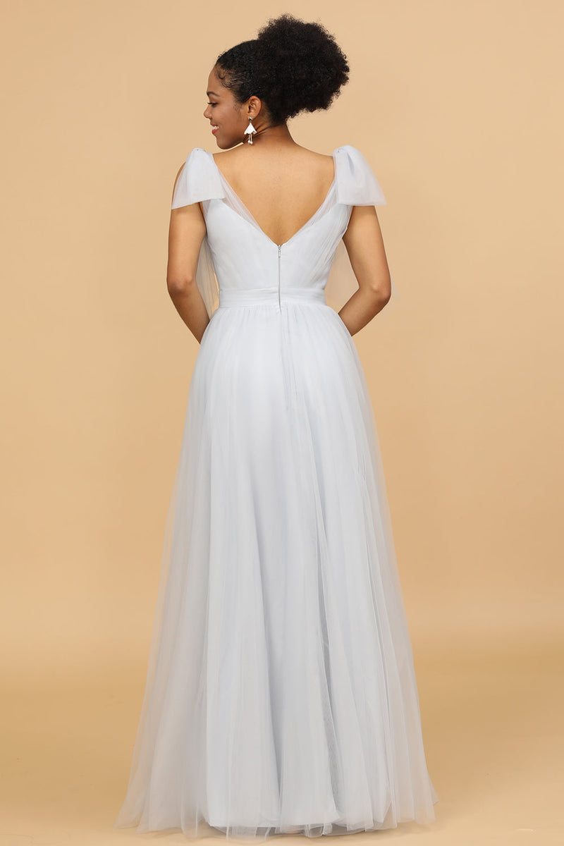 Load image into Gallery viewer, Grey Tulle V-Neck A-Line Bridesmaid Dress