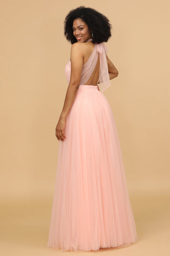 A Line Halter Blush Long Bridesmaid Dress