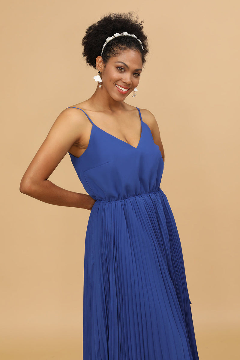 Load image into Gallery viewer, A Line Spaghetti Straps Royal Blue Tea Length Bridesmaid Dress