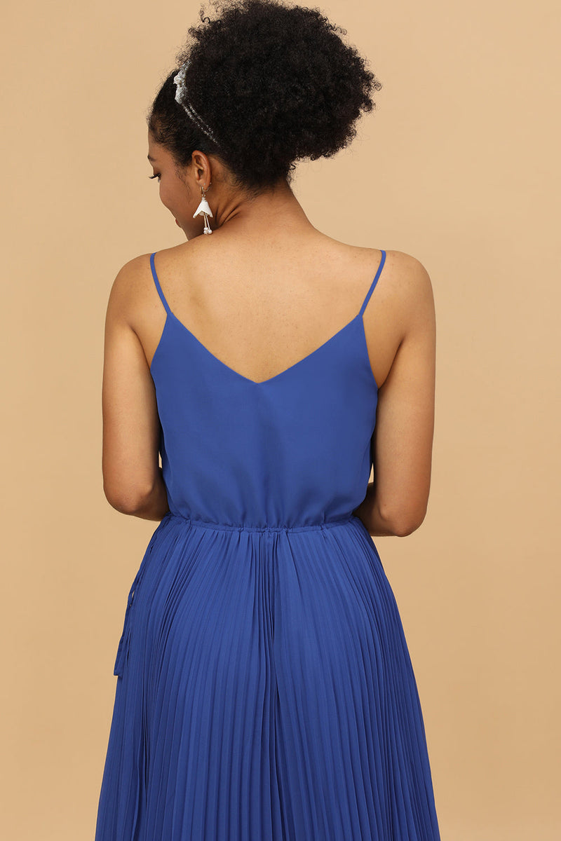 Load image into Gallery viewer, A Line Spaghetti Straps Royal Blue Tea Length Bridesmaid Dress