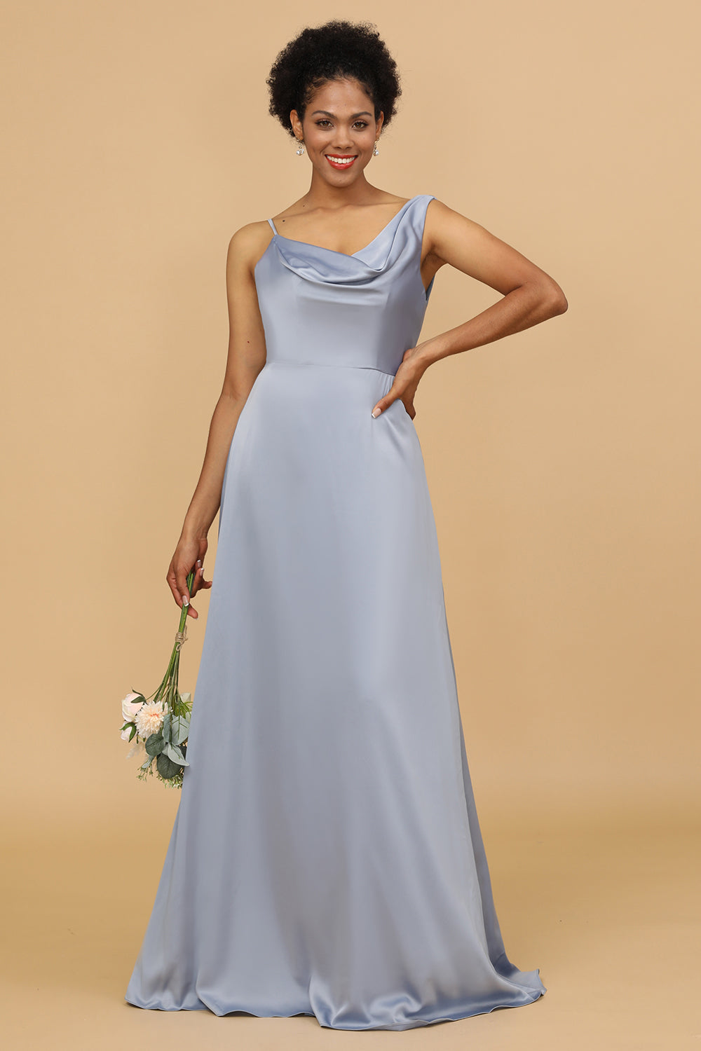 A Line Asymmetrical Neck Grey Blue Satin Long Bridesmaid Dress