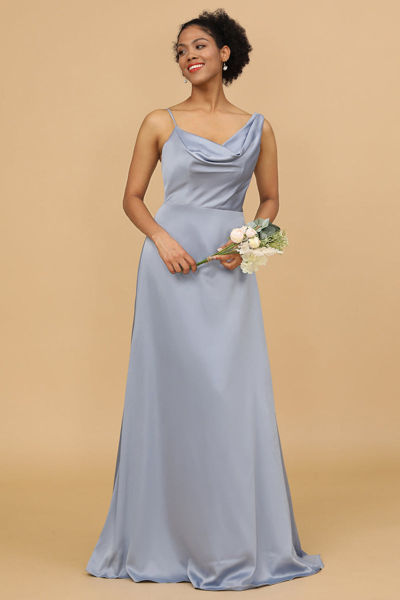 Load image into Gallery viewer, A Line Asymmetrical Neck Grey Blue Satin Long Bridesmaid Dress