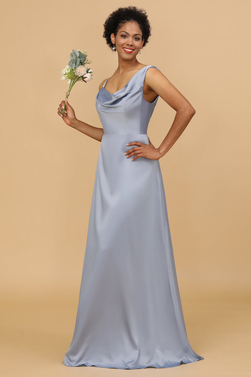 Load image into Gallery viewer, A Line Asymmetrical Neck Grey Blue Satin Long Bridesmaid Dress