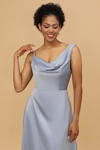 A Line Asymmetrical Neck Grey Blue Satin Long Bridesmaid Dress