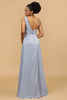 Load image into Gallery viewer, A Line Asymmetrical Neck Grey Blue Satin Long Bridesmaid Dress