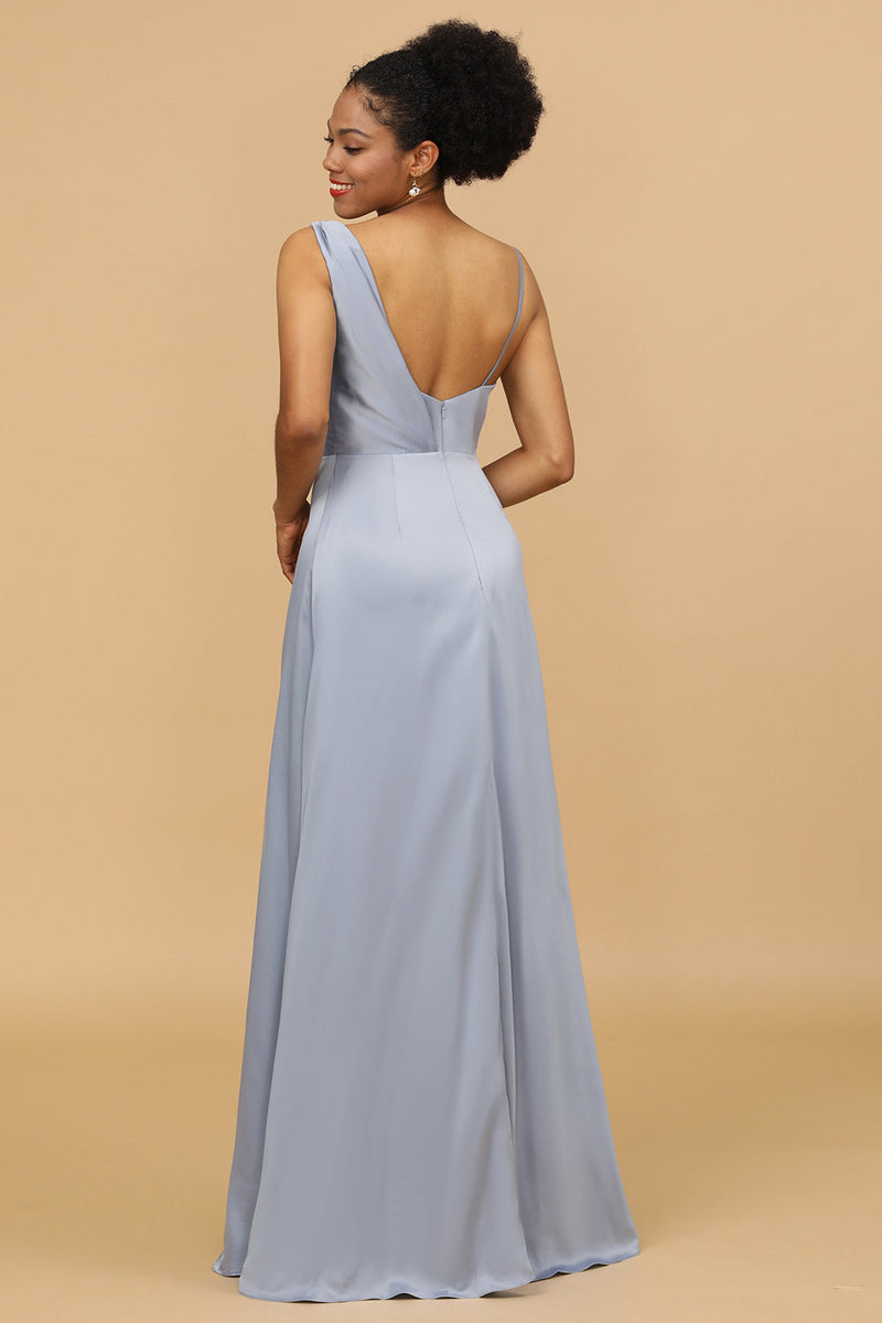 Load image into Gallery viewer, A Line Asymmetrical Neck Grey Blue Satin Long Bridesmaid Dress