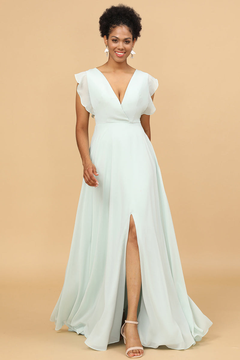 Load image into Gallery viewer, Mint Chiffon V-Neck Bridesmaid Dress