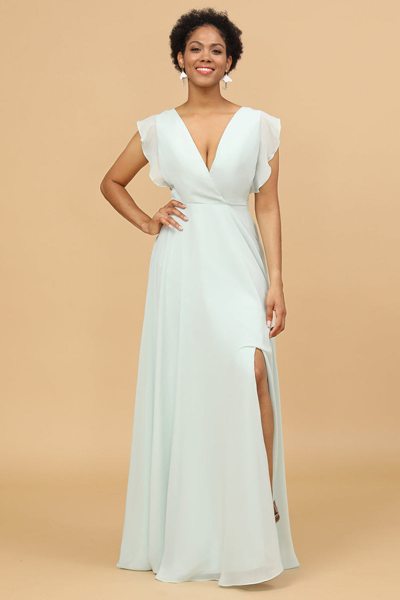 Load image into Gallery viewer, Mint Chiffon V-Neck Bridesmaid Dress