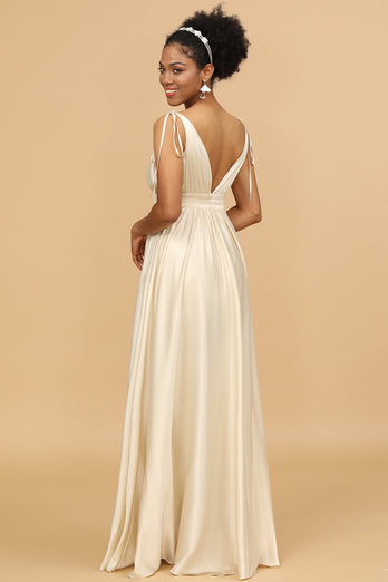 Ivory Deep V-Neck Backless Long Bridesmaid Dress