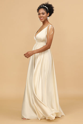 Ivory Deep V-Neck Backless Long Bridesmaid Dress