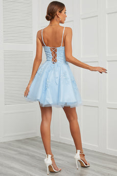 Blue Tulle Short Formal Dress with Appliques